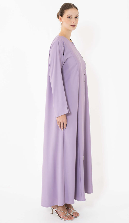 Purple Designed Overlap Abaya With Buttons Detailing