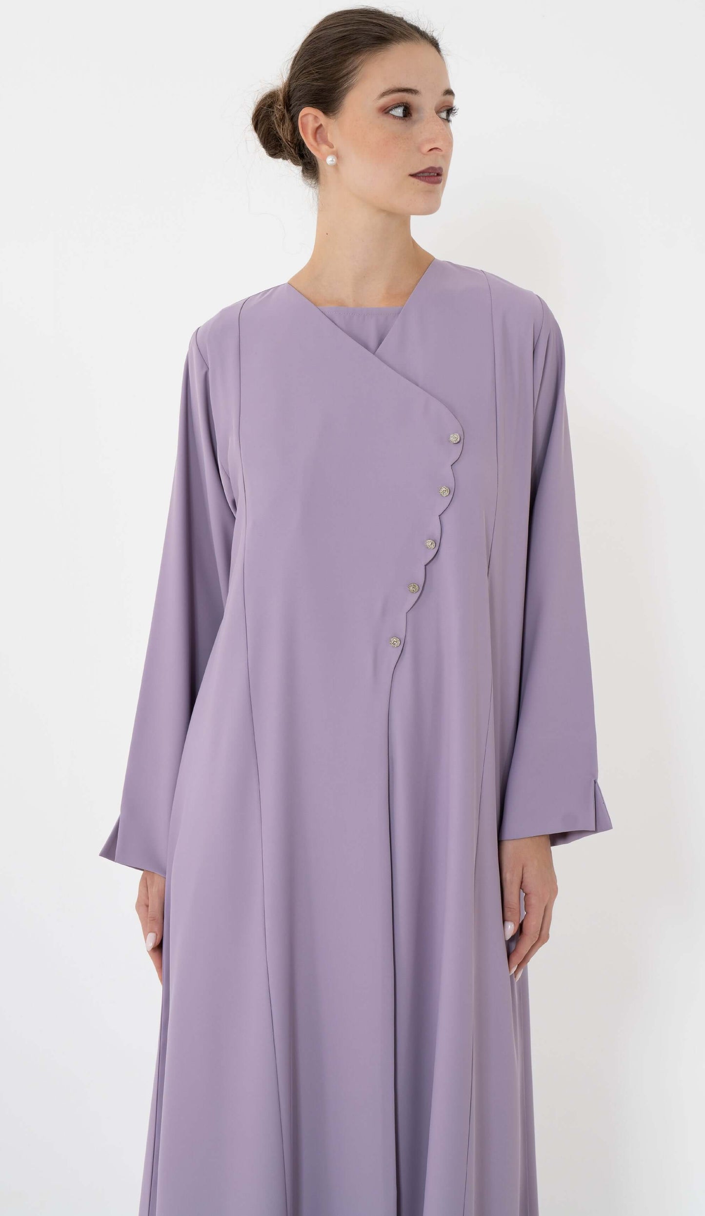 Purple Designed Overlap Abaya With Buttons Detailing