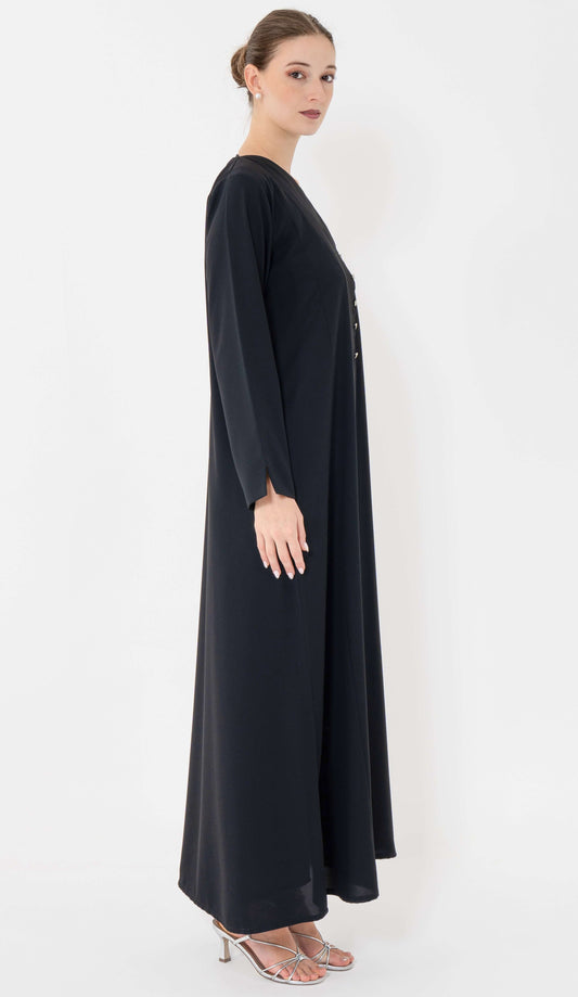 Black Designed Overlap Abaya With Buttons Detailing