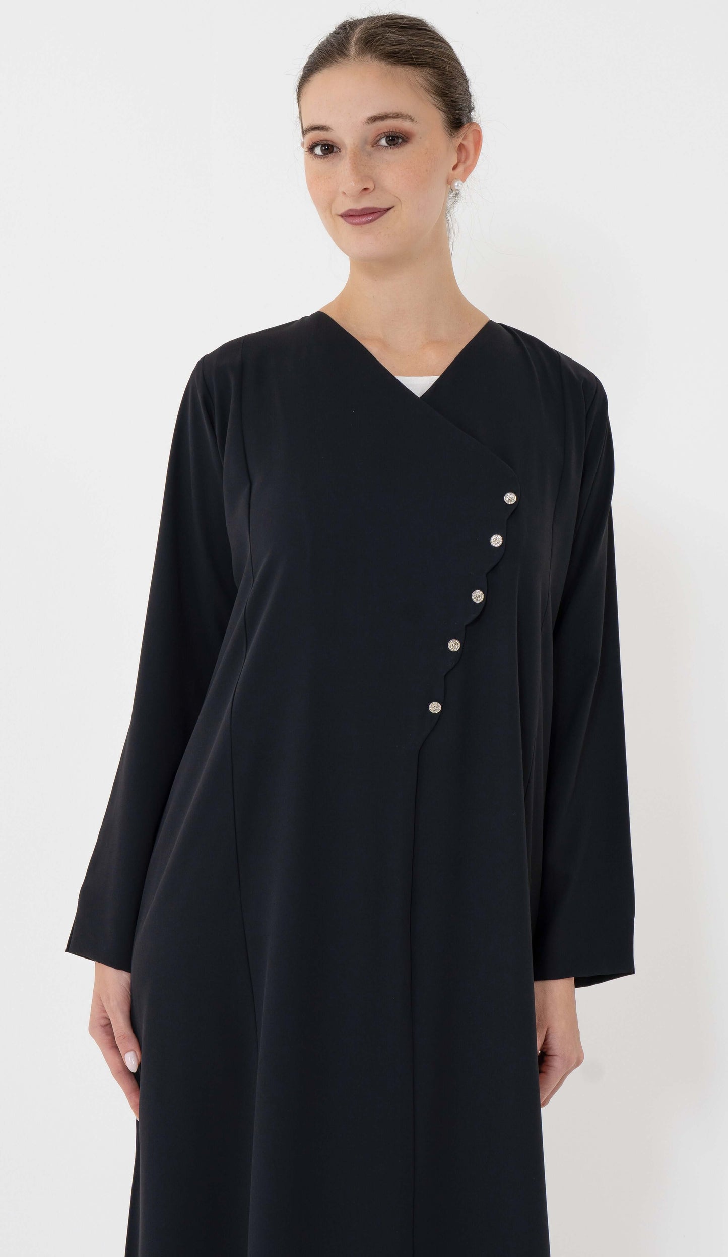 Black Designed Overlap Abaya With Buttons Detailing