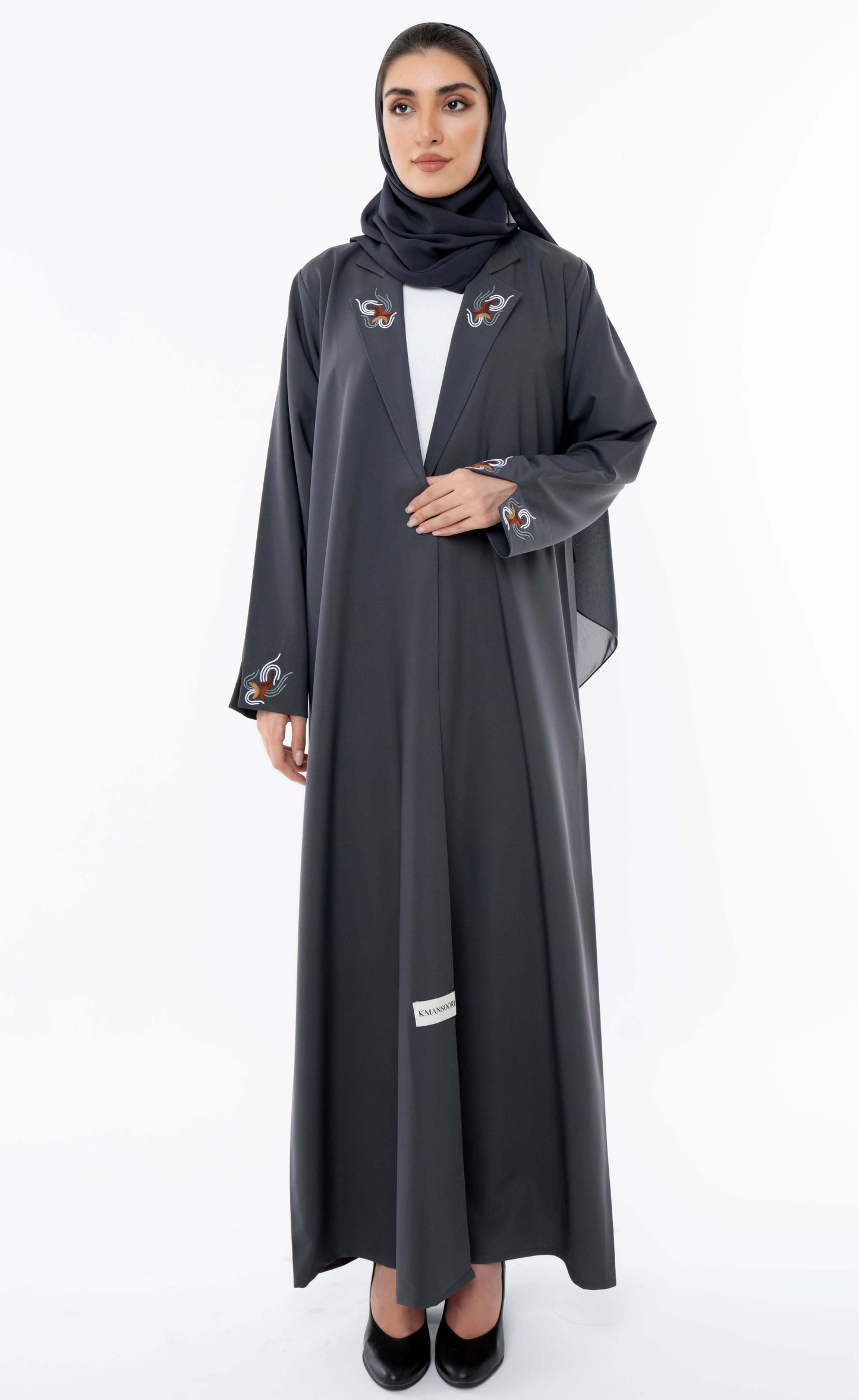 Grey Collar Abaya With Open Sleeves Enrich With Thread Embroidery Detailing