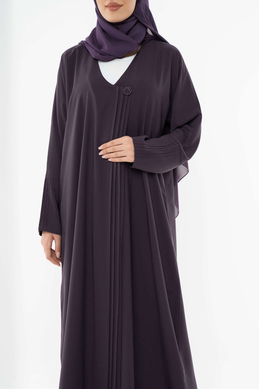 Purple Curve Neck Overlap Abaya With Beautiful Handwork Button