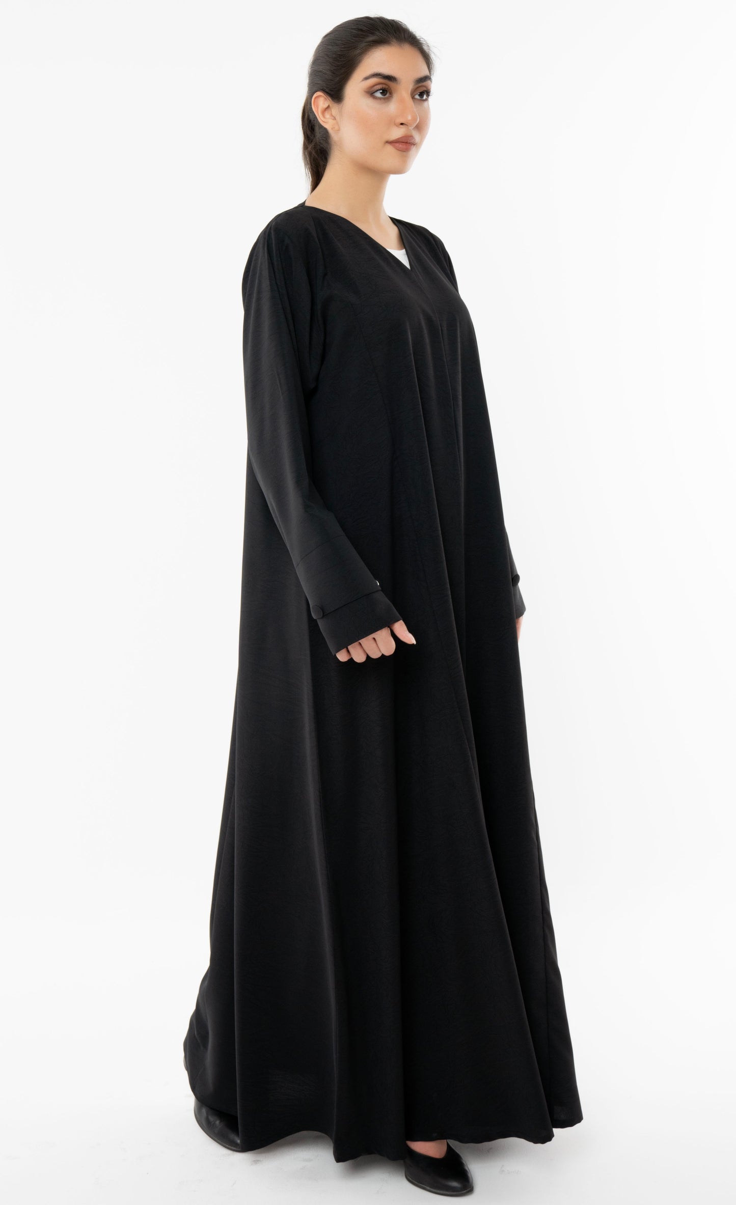 Black A Line Cut Abaya With Curve Patterned Sleeve With Button