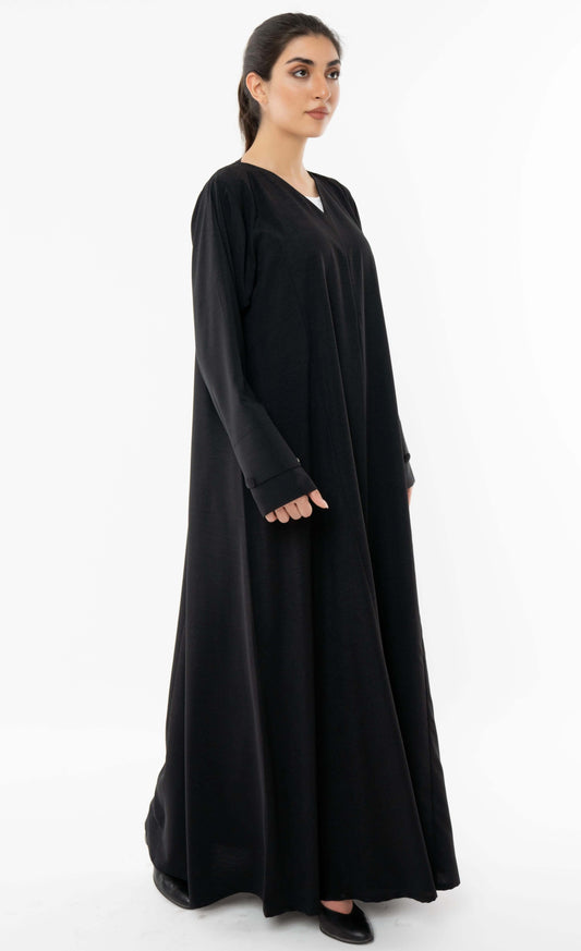 Black A Line Cut Abaya With Curve Patterned Sleeve With Button