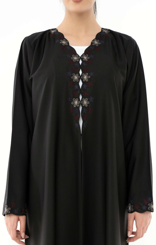 Black Designed Curve Neck Abaya With Floral Embroidery On Front And Sleeve