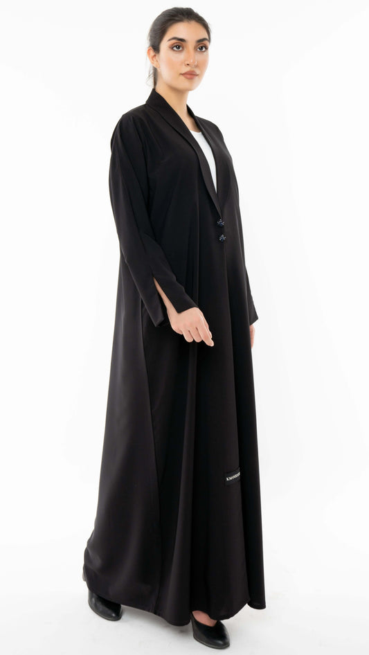 Stylised Collar Black Design Abaya With Hand Work Button Detailing
