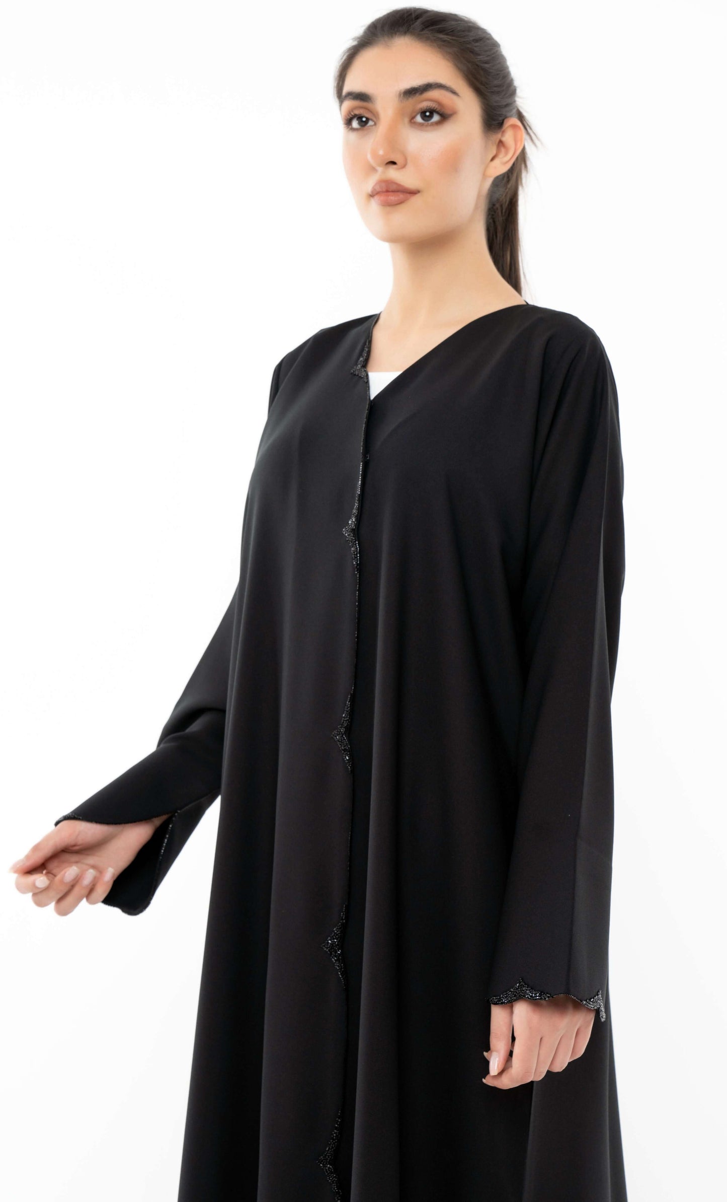 Black Overlap Abaya With Black Bead Embellishments On Front