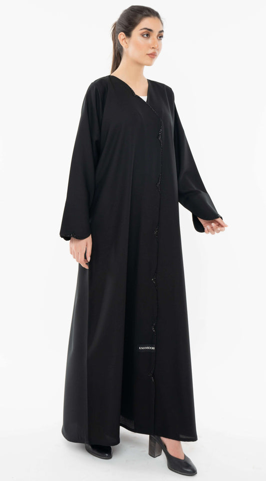 Black Overlap Abaya With Black Bead Embellishments On Front