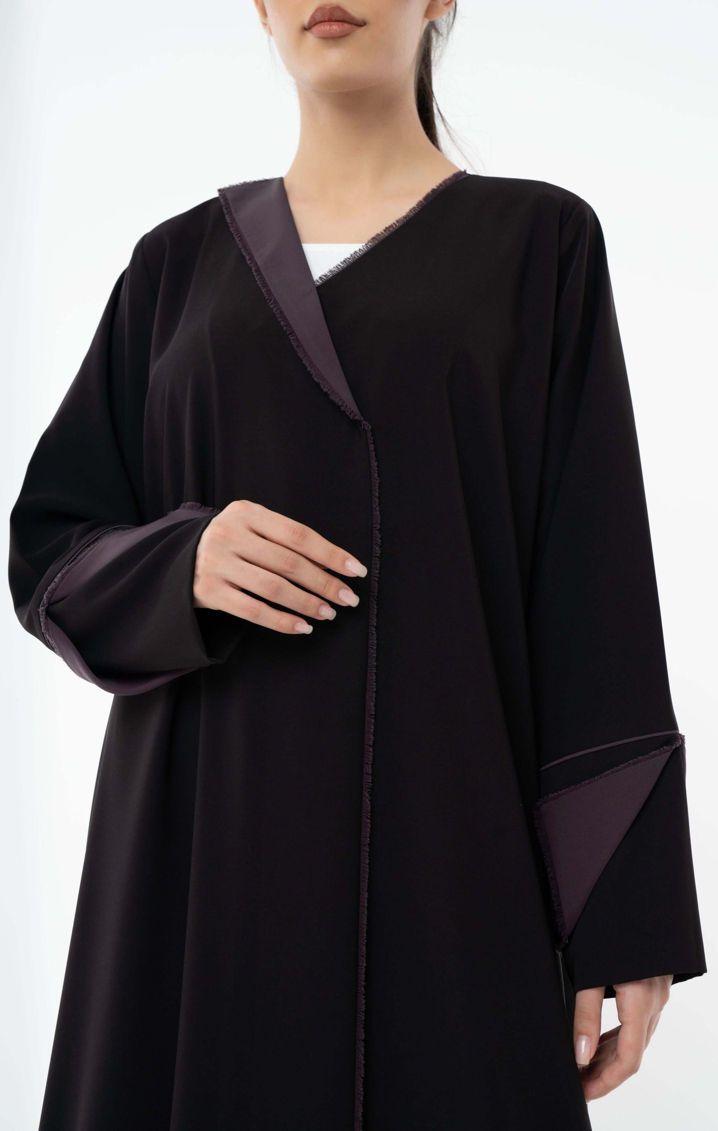 Black Colorblock Overlap Abaya With One Side Collar And Folded Sleeves