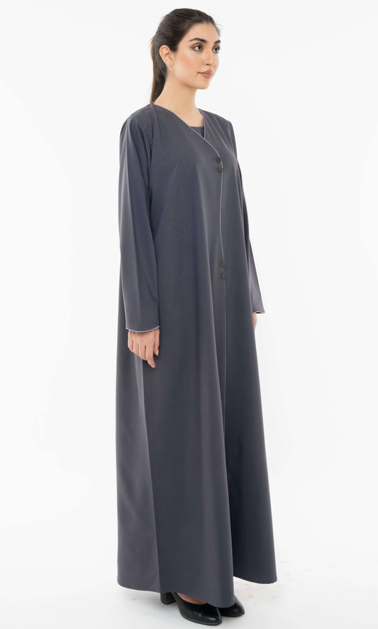 Grey Curve Designed Overlap Abaya With Button Detailing