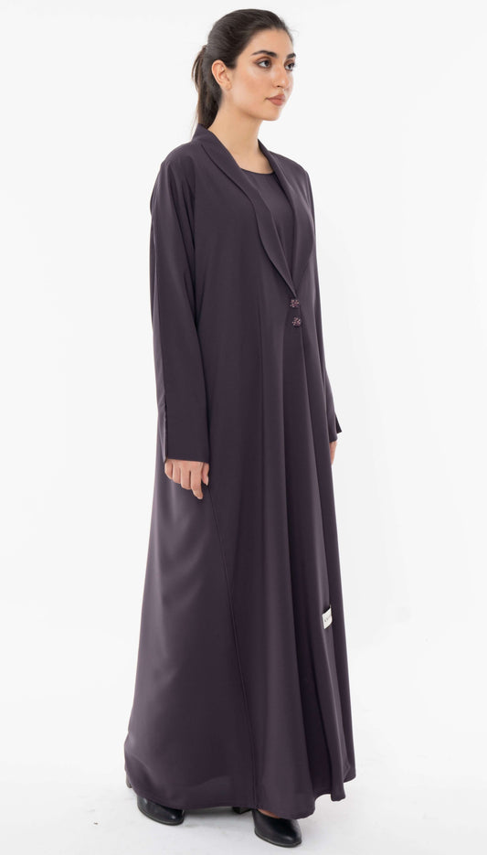Stylised Collar Design Purple Abaya With Hand Work Button Detailing
