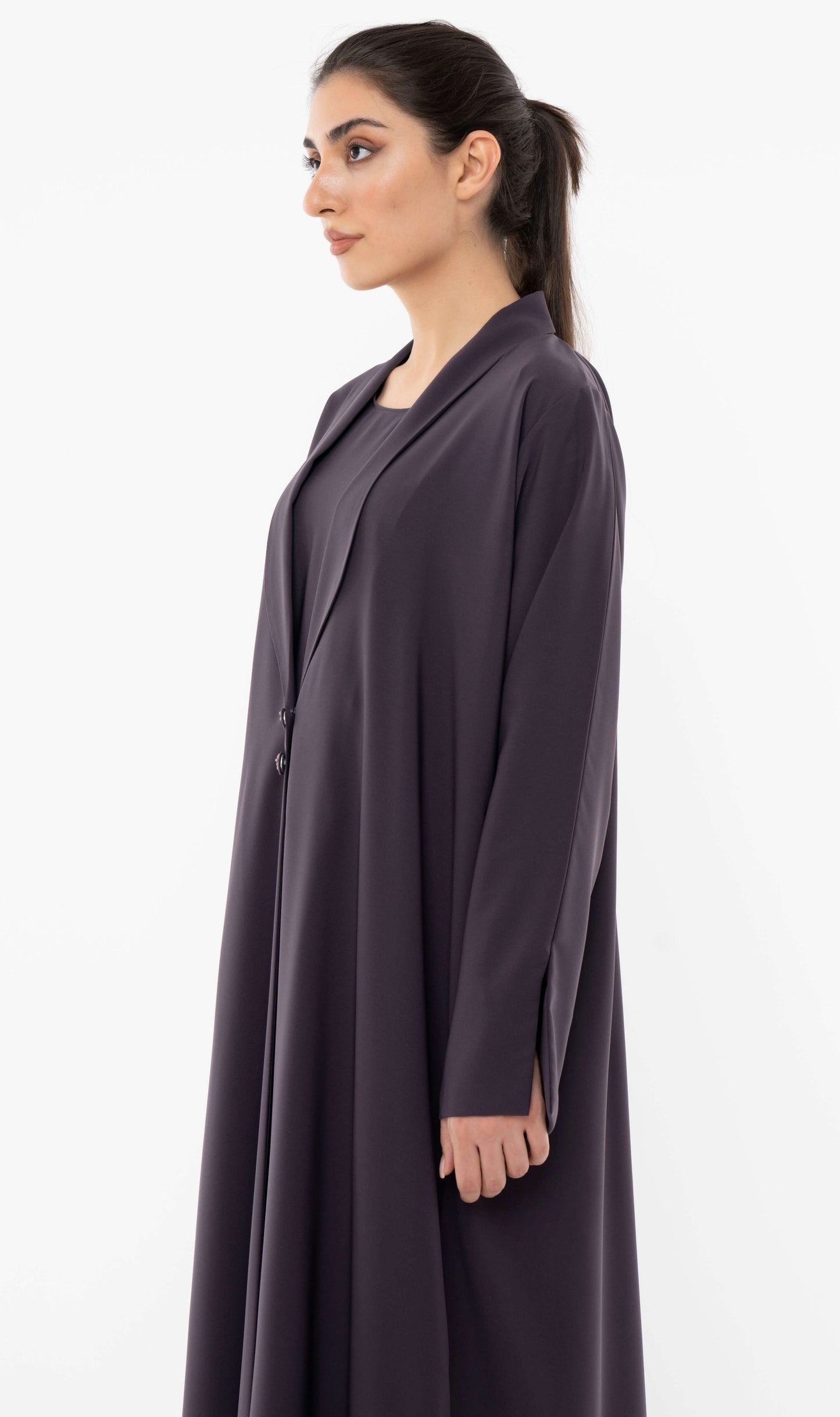 Stylised Collar Design Purple Abaya With Hand Work Button Detailing