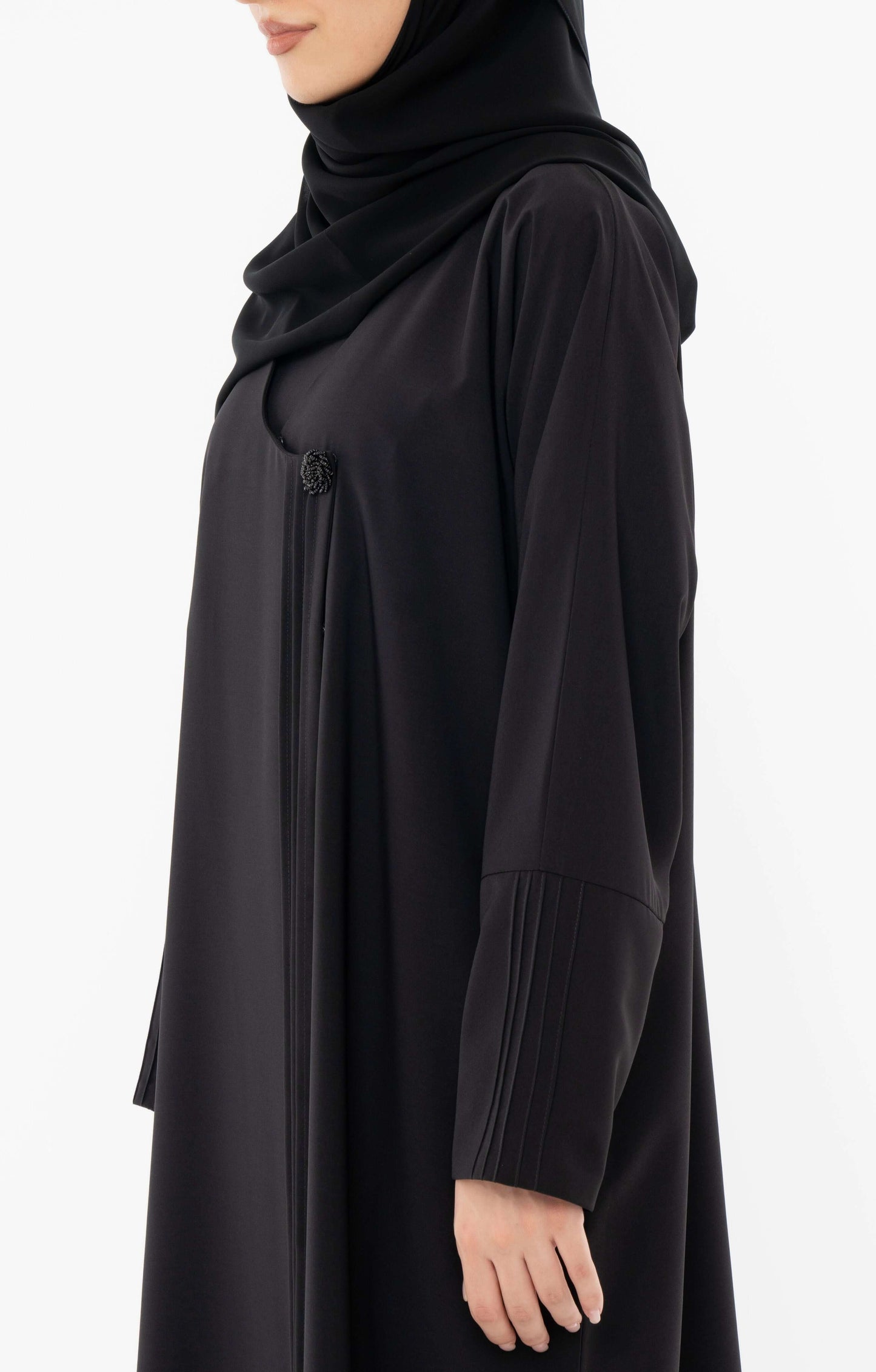 Black Curve Neck Overlap Abaya With Beautiful Handwork Button
