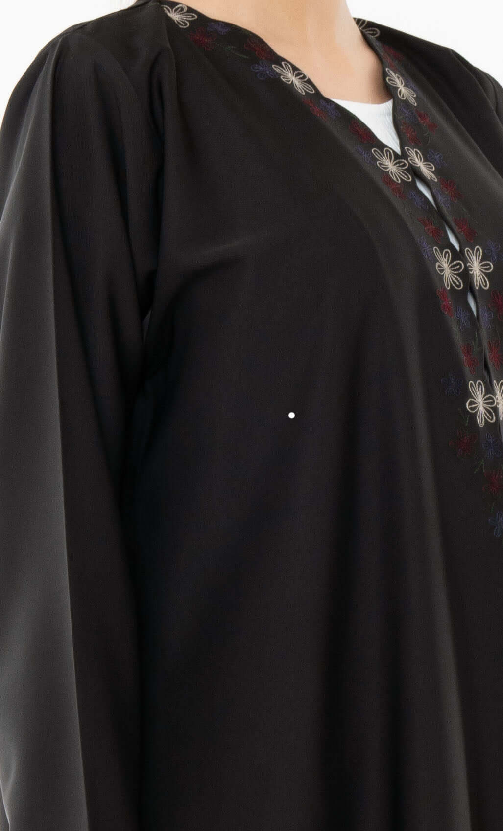 Black Designed Curve Neck Abaya With Floral Embroidery On Front And Sleeve