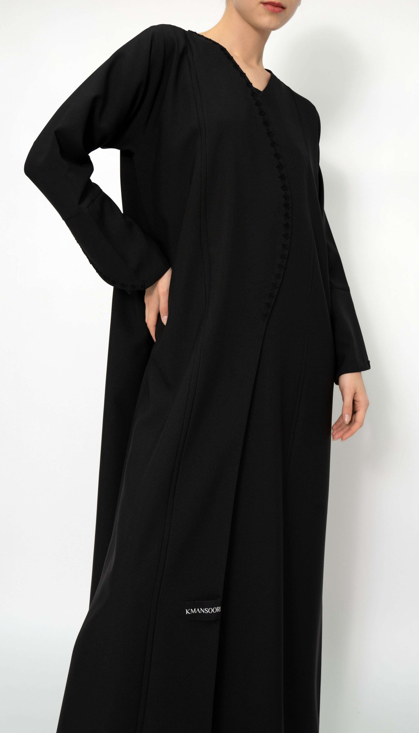 Stylish Patterned Overlap Black Abaya With Embroidery Detailing