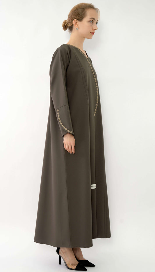 Stylish Patterned Overlap Charcoal Abaya With Embroidery Detailing