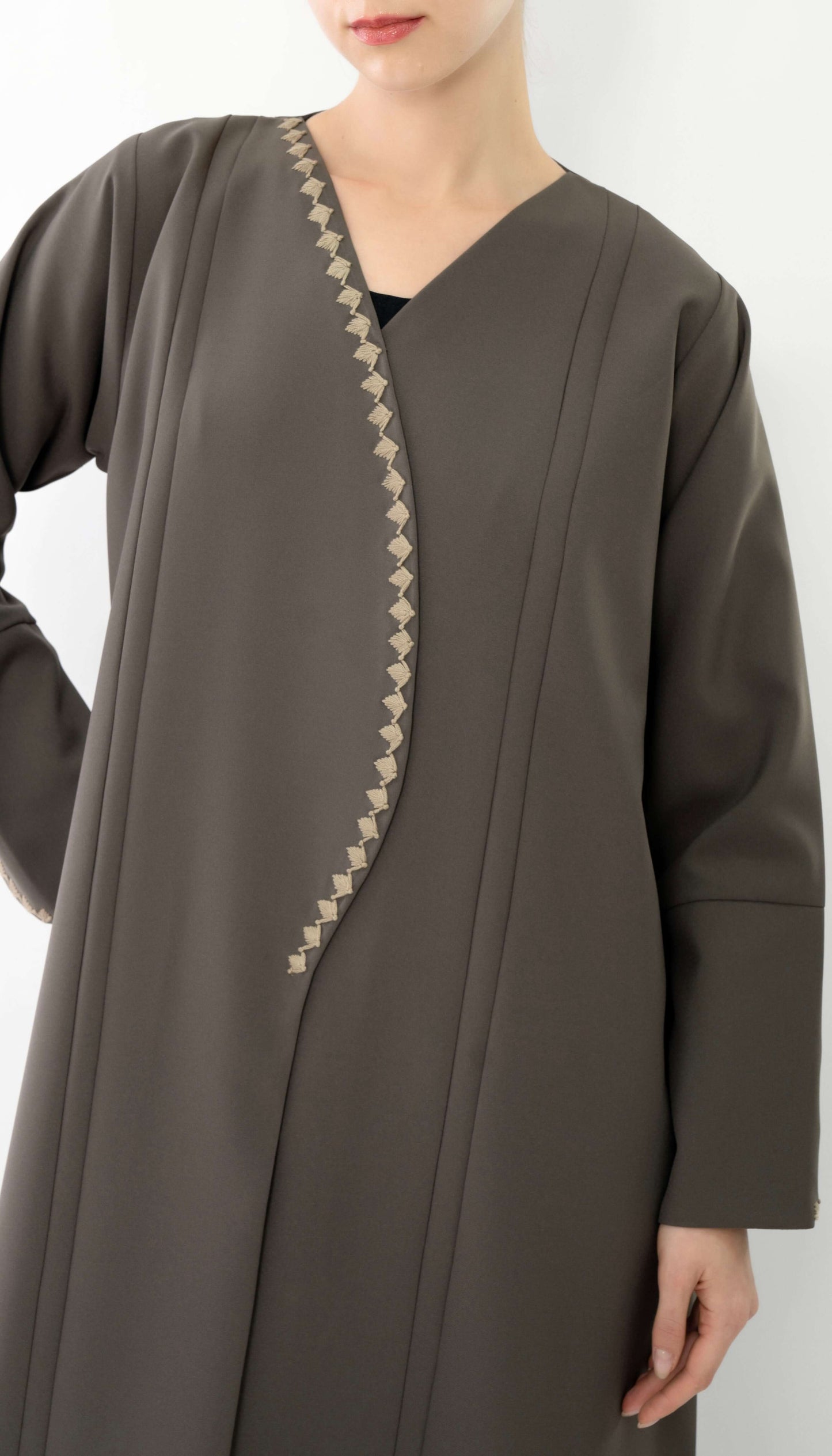 Stylish Patterned Overlap Charcoal Abaya With Embroidery Detailing