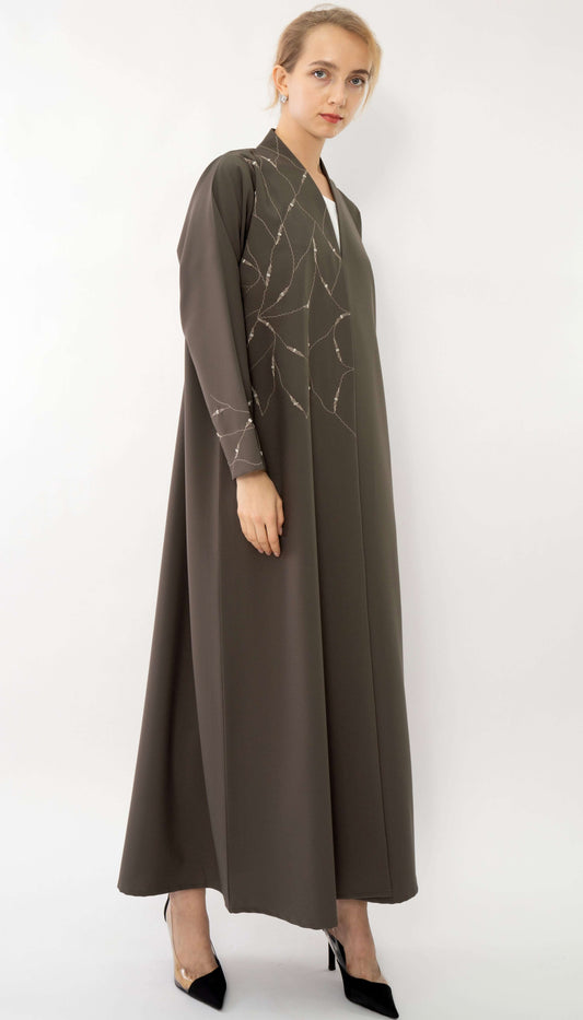 Charcoal High Neck Abaya With Embroidery Enriched With Bead Work