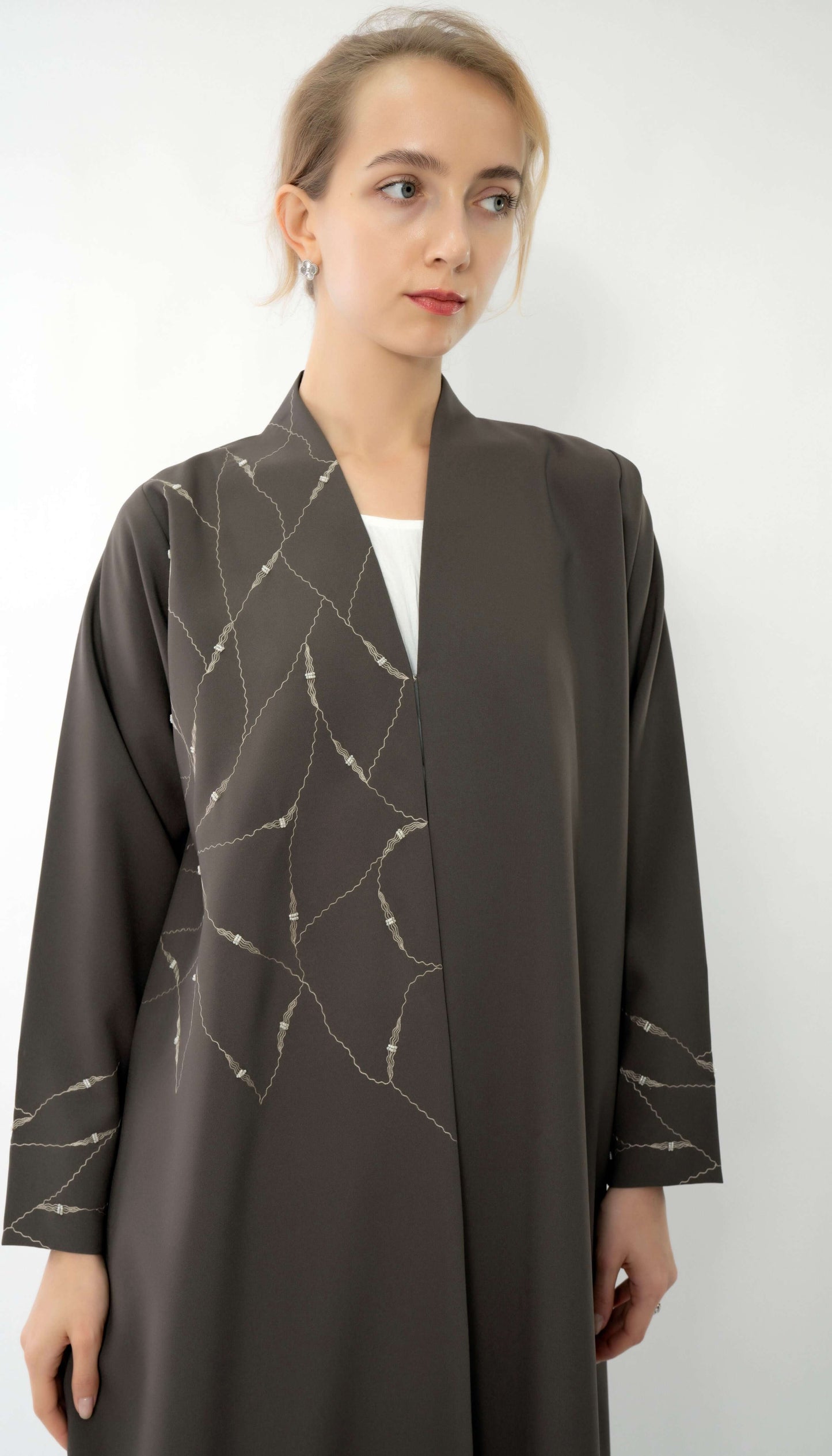 Charcoal High Neck Abaya With Embroidery Enriched With Bead Work