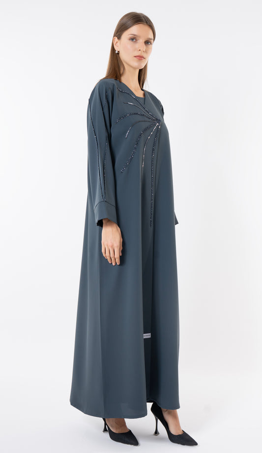 Grey Overlap Abaya With Front Handwork Detailing