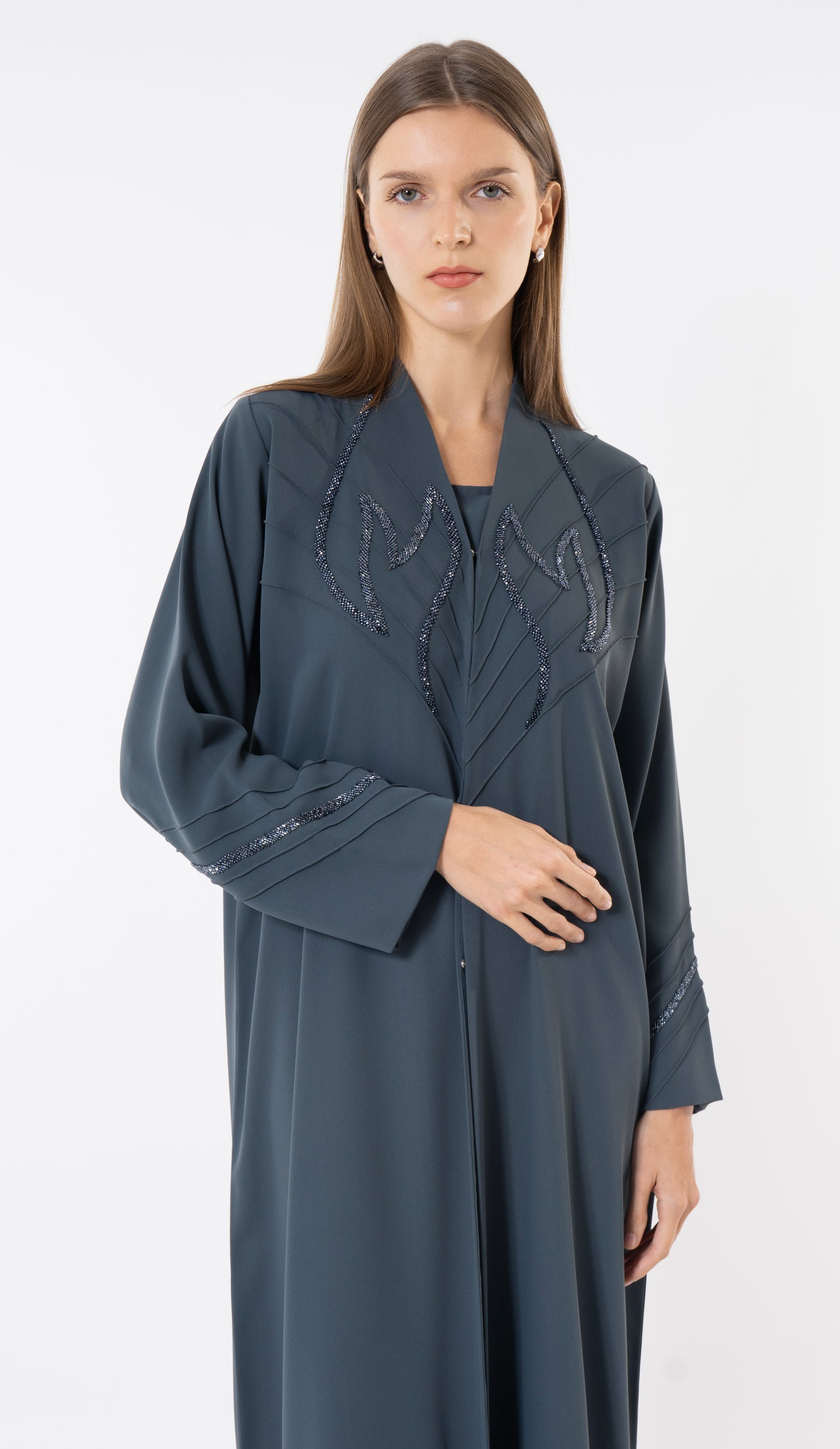 Grey Pintuck Abaya With Handworked Front And Sleeve Detailing