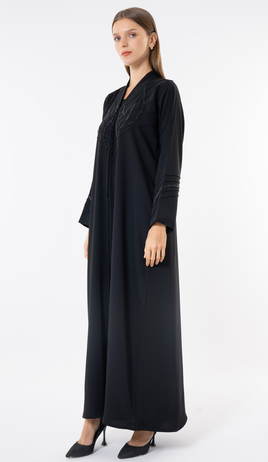 Black Pintuck Abaya With Handworked Front And Sleeve Detailing