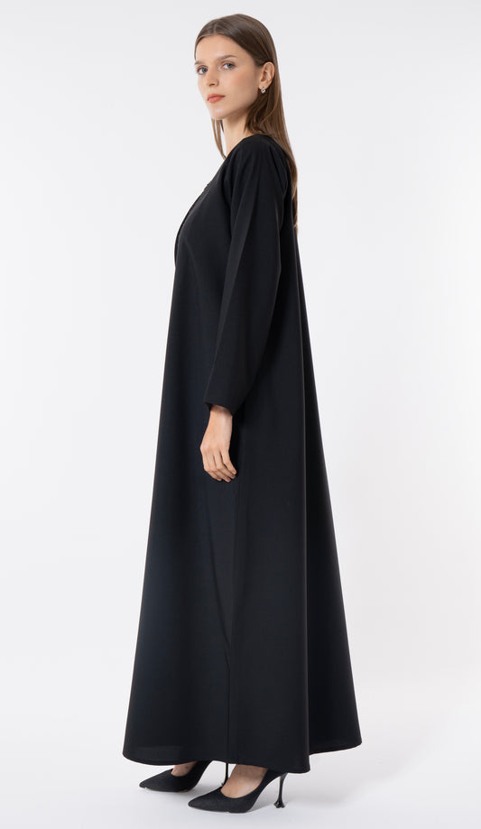 Black Layered Abaya With Overlap Curve Design And Beadwork