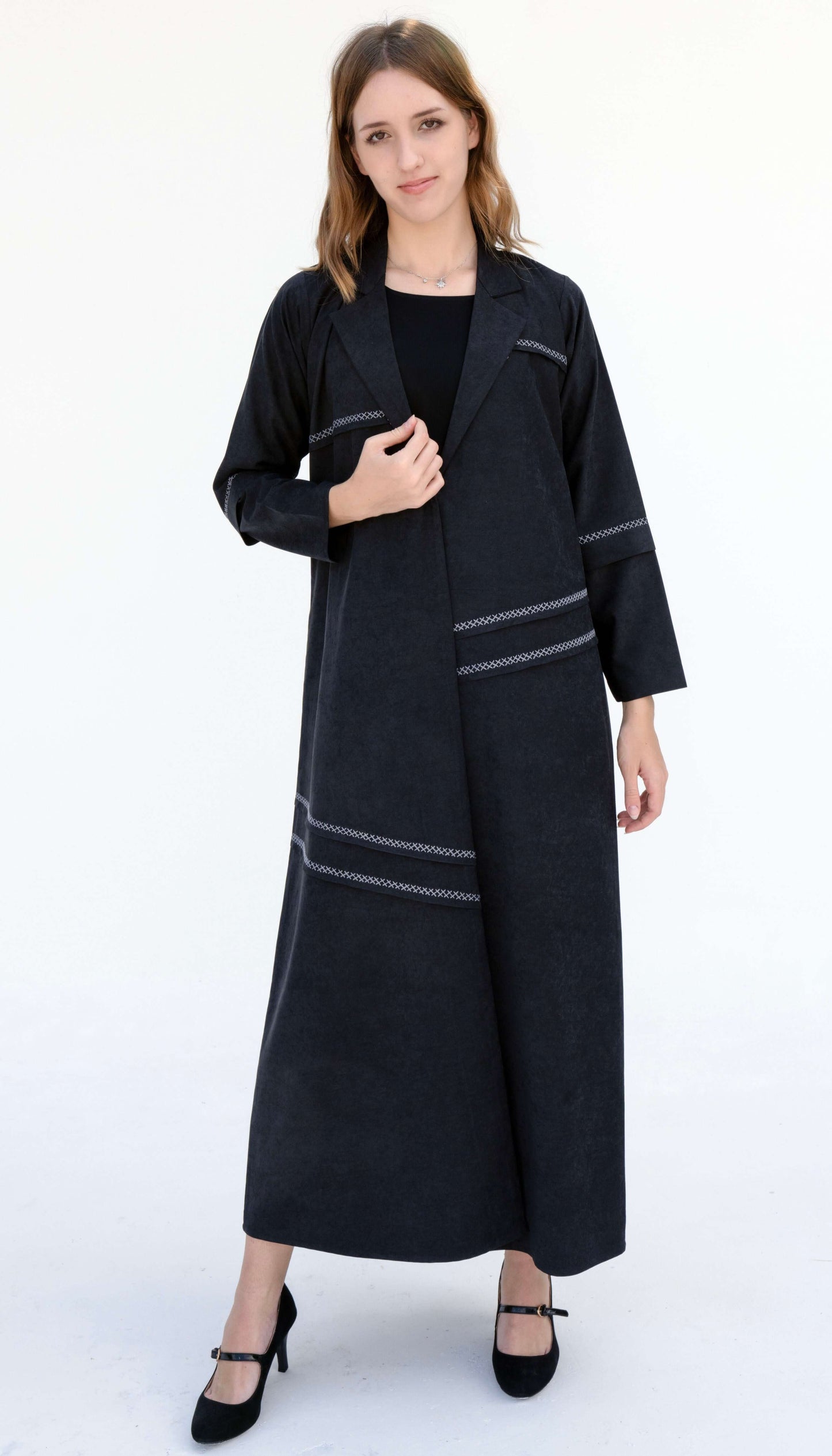 Collar Abaya With Black Blanket Stitch Detailing On Front And Sleeve