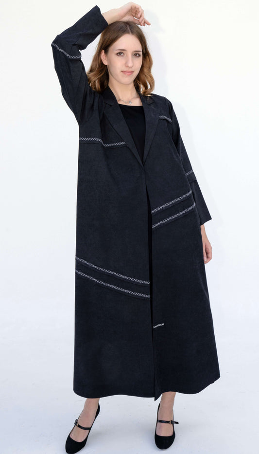 Collar Abaya With Black Blanket Stitch Detailing On Front And Sleeve