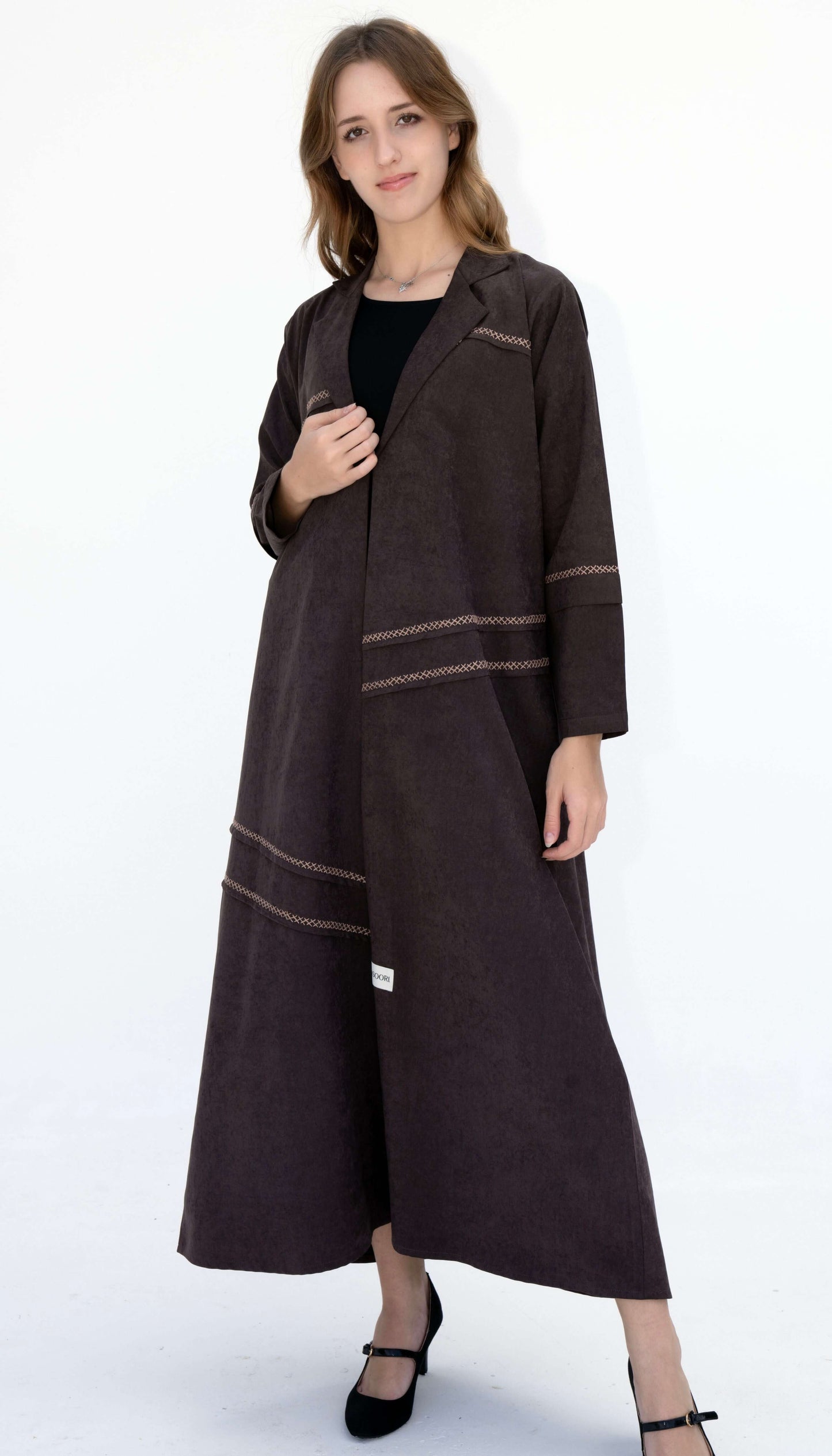 Brown Collar Abaya With Blanket Stitch Detailing On Front And Sleeve