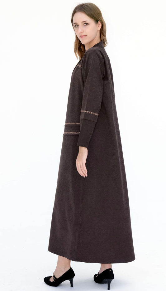 Brown Collar Abaya With Blanket Stitch Detailing On Front And Sleeve