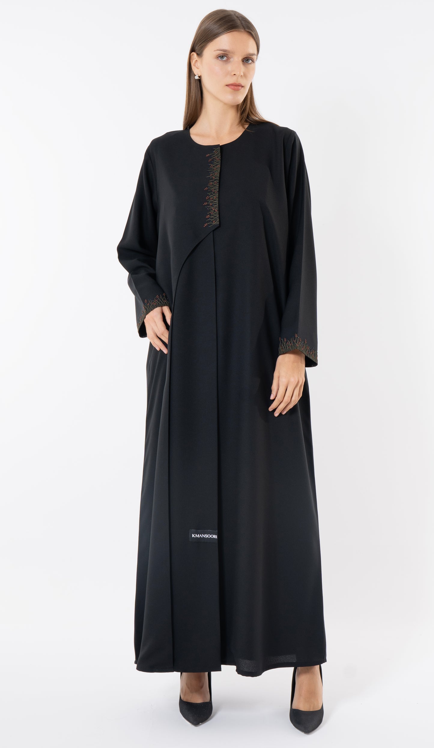Black Front-Layered Abaya With Thread And Bead Embellishments
