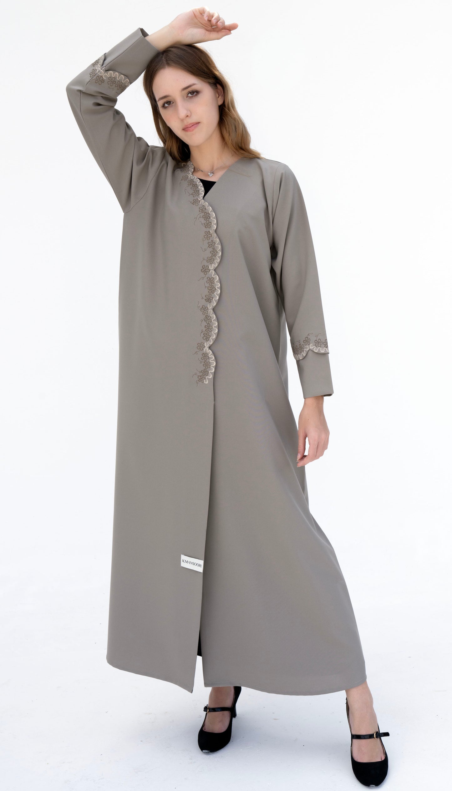 Embroidered Curve Pattern Overlap Abaya With Curve Cut Sleeve