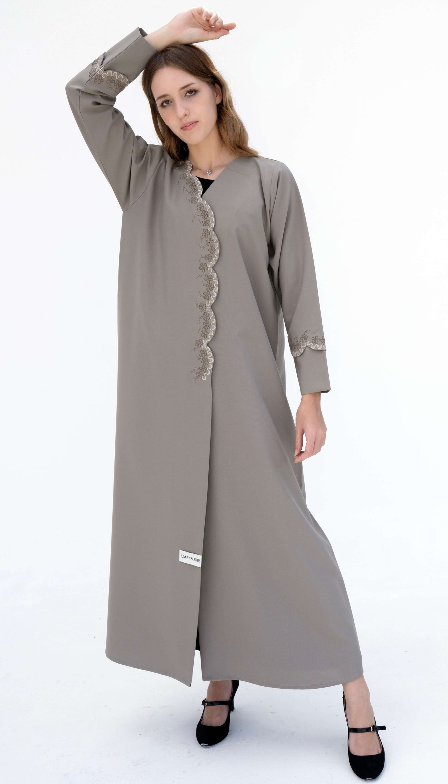 Embroidered Curve Pattern Overlap Sea Green Abaya With Curve Cut Sleeve