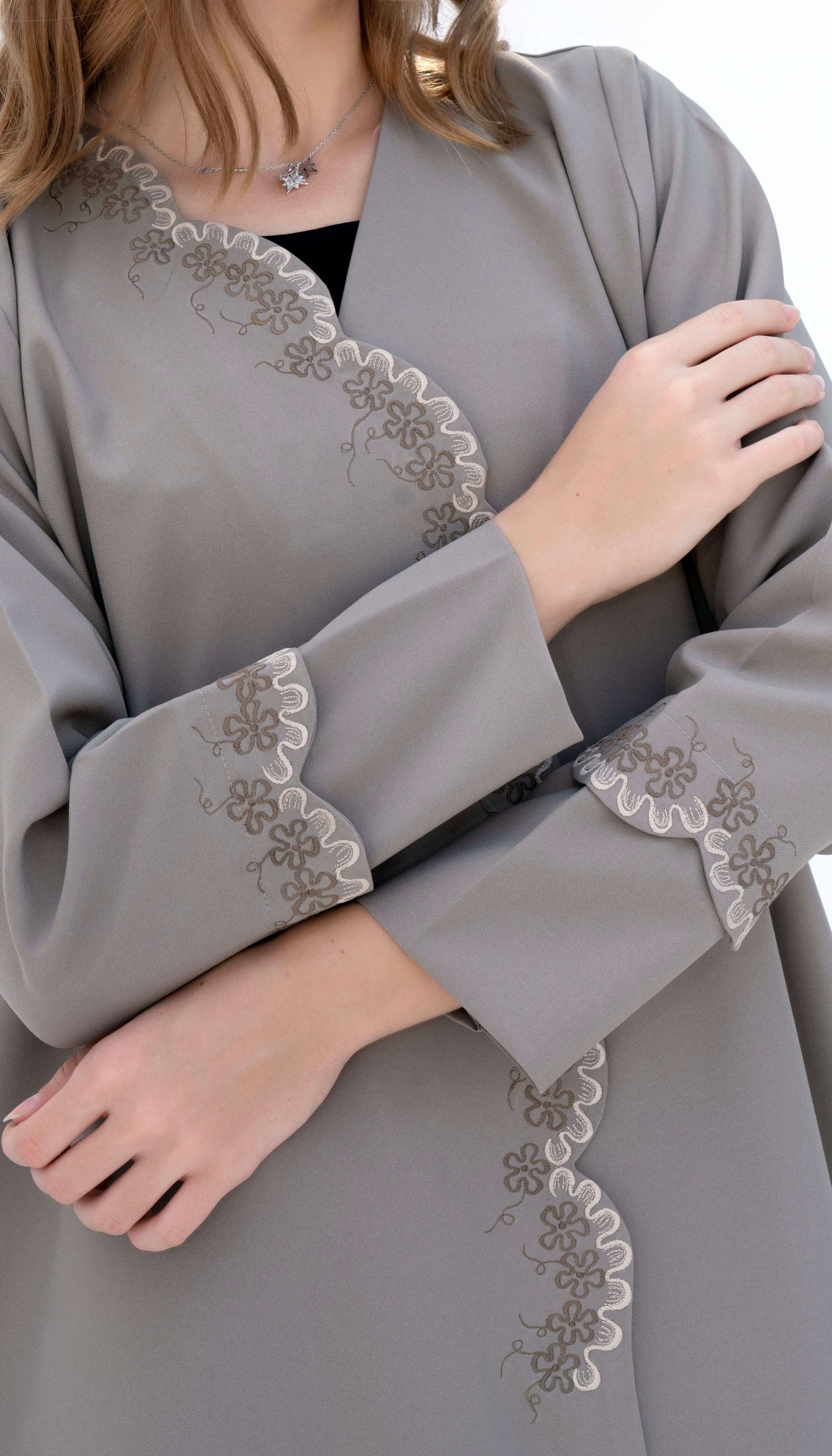 Embroidered Curve Pattern Overlap Abaya With Curve Cut Sleeve