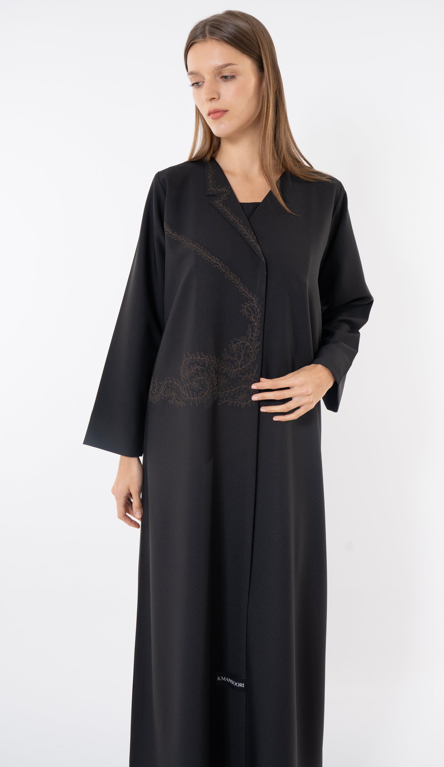 Black Blazer Collar Abaya With Thread Embroidery