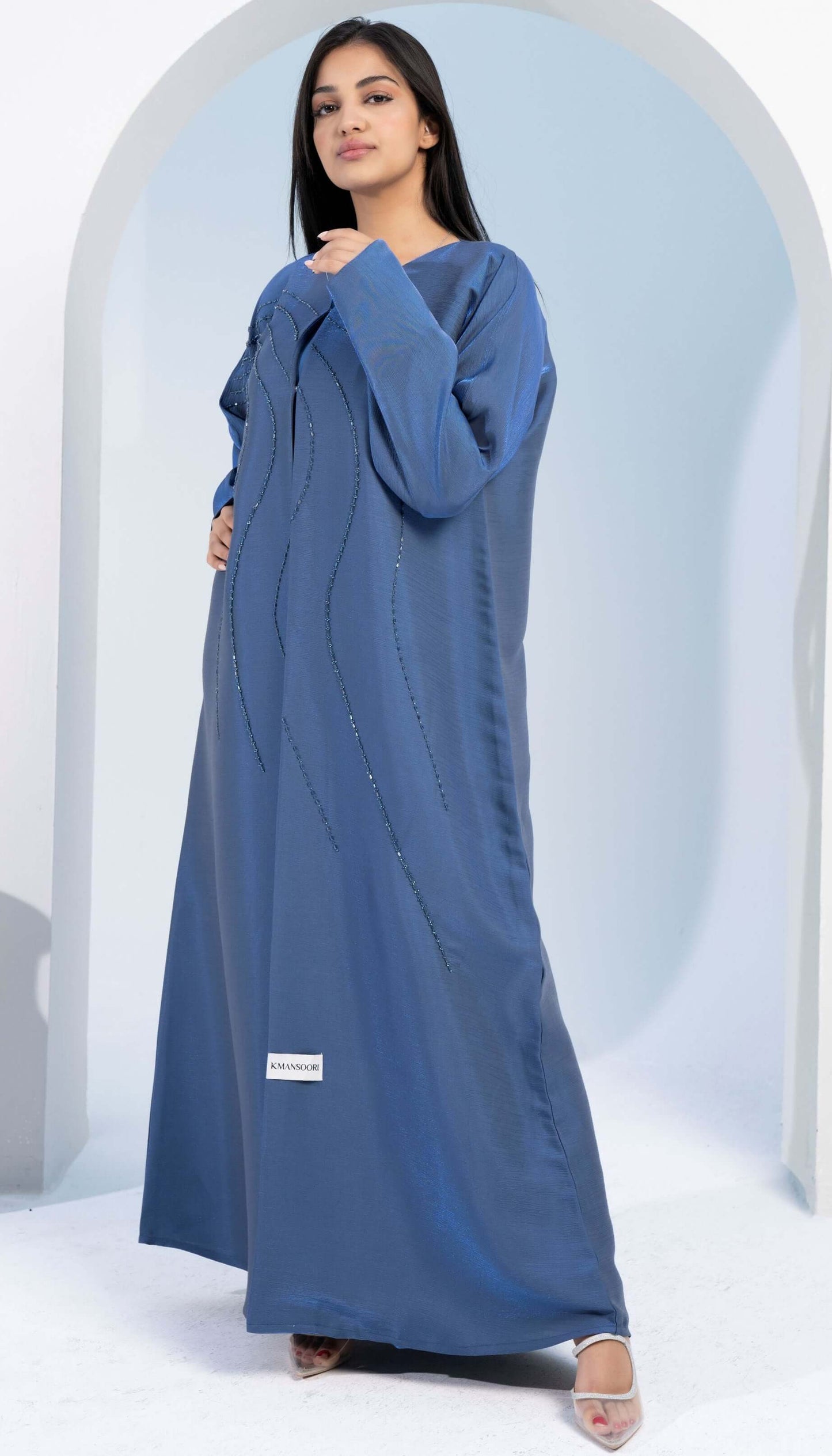 Sky Blue V-Neck Abaya with Flowy Patterned Embellishments