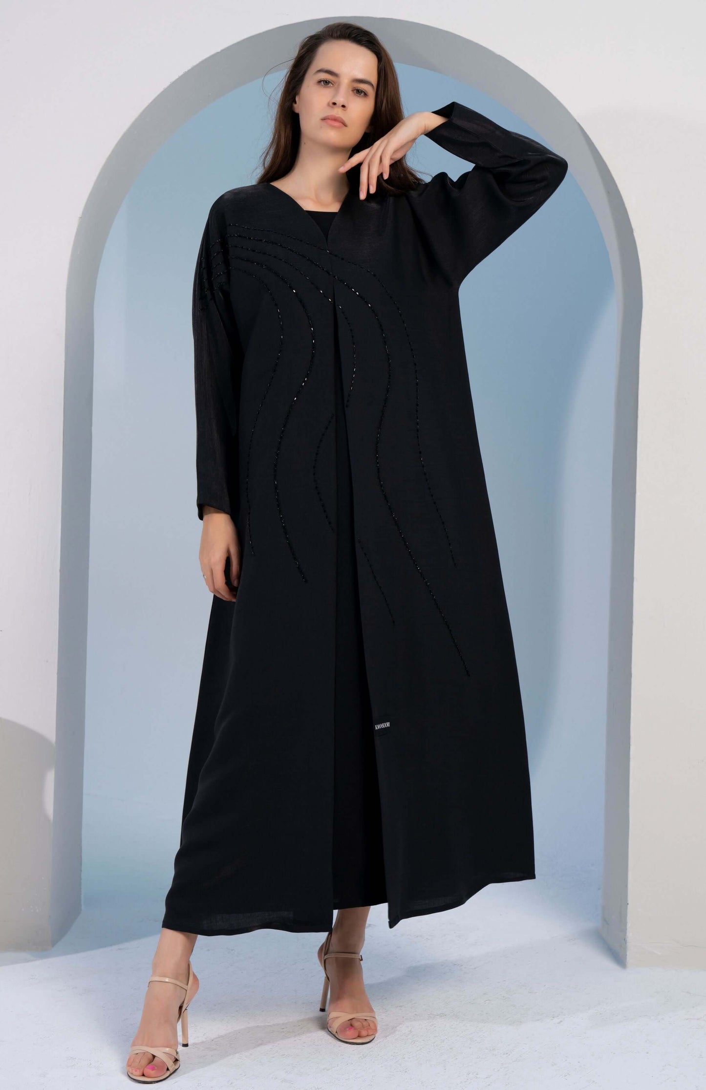 Black V-Neck Abaya with Flowy Patterned Embellishments