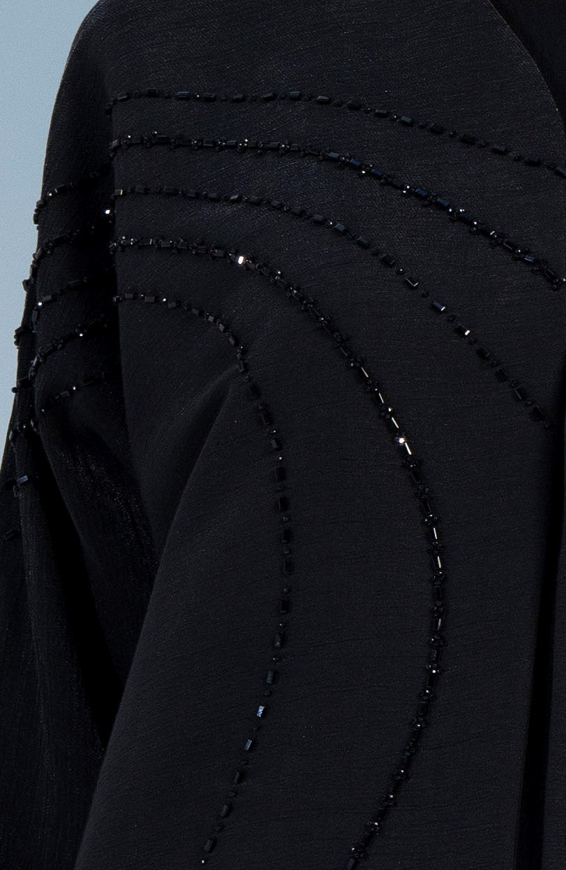 Black V-Neck Abaya with Flowy Patterned Embellishments
