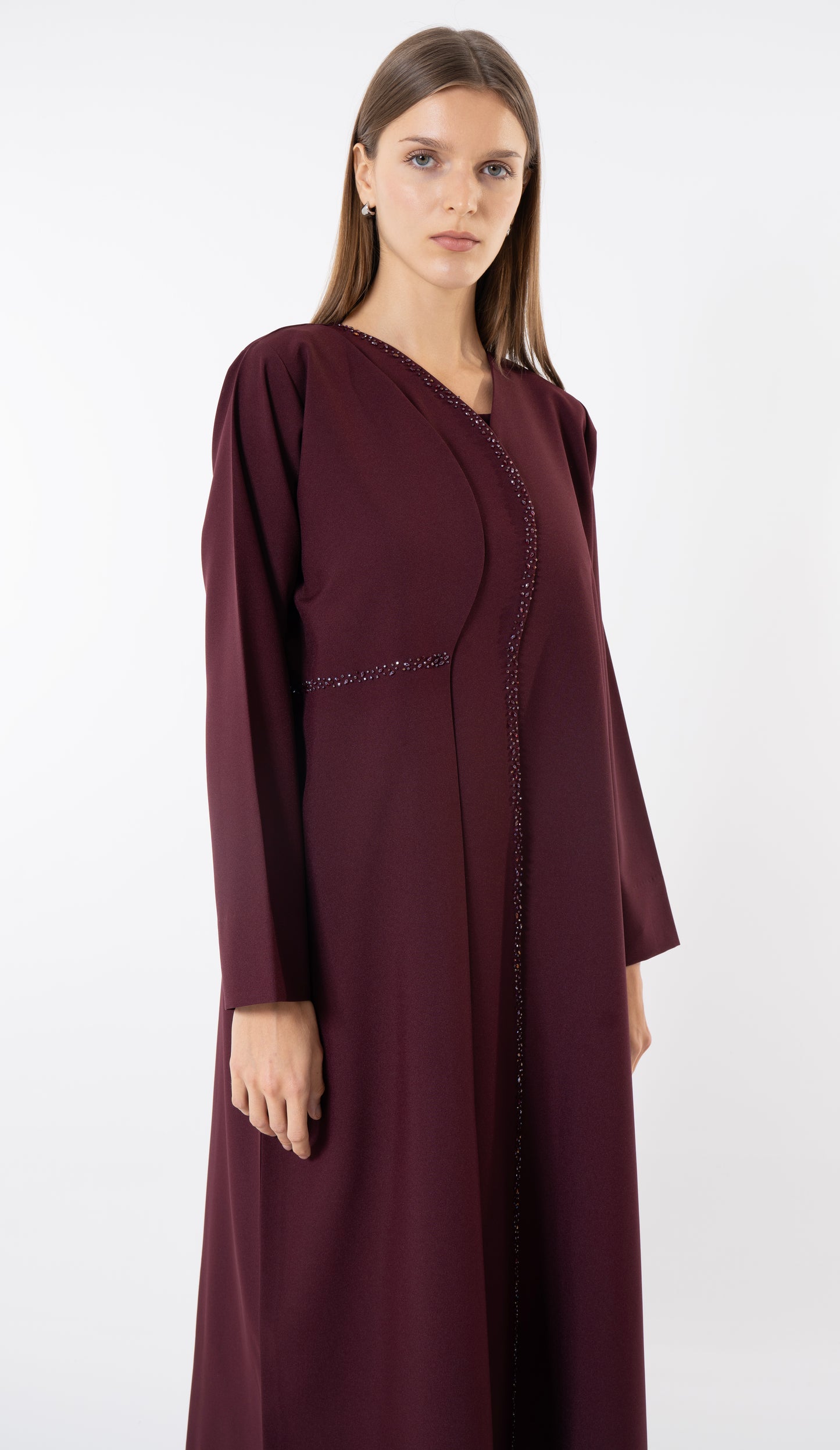 Maroon Overlap Curve Abaya With Front Layering And Beadwork