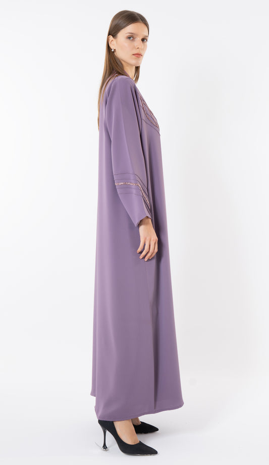 Purple Pintuck Abaya With Handworked Front And Sleeve Detailing