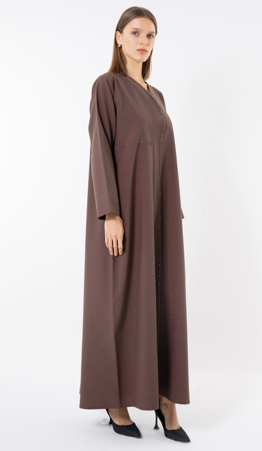 Brown Overlap Curve Abaya With Front Layering And Beadwork