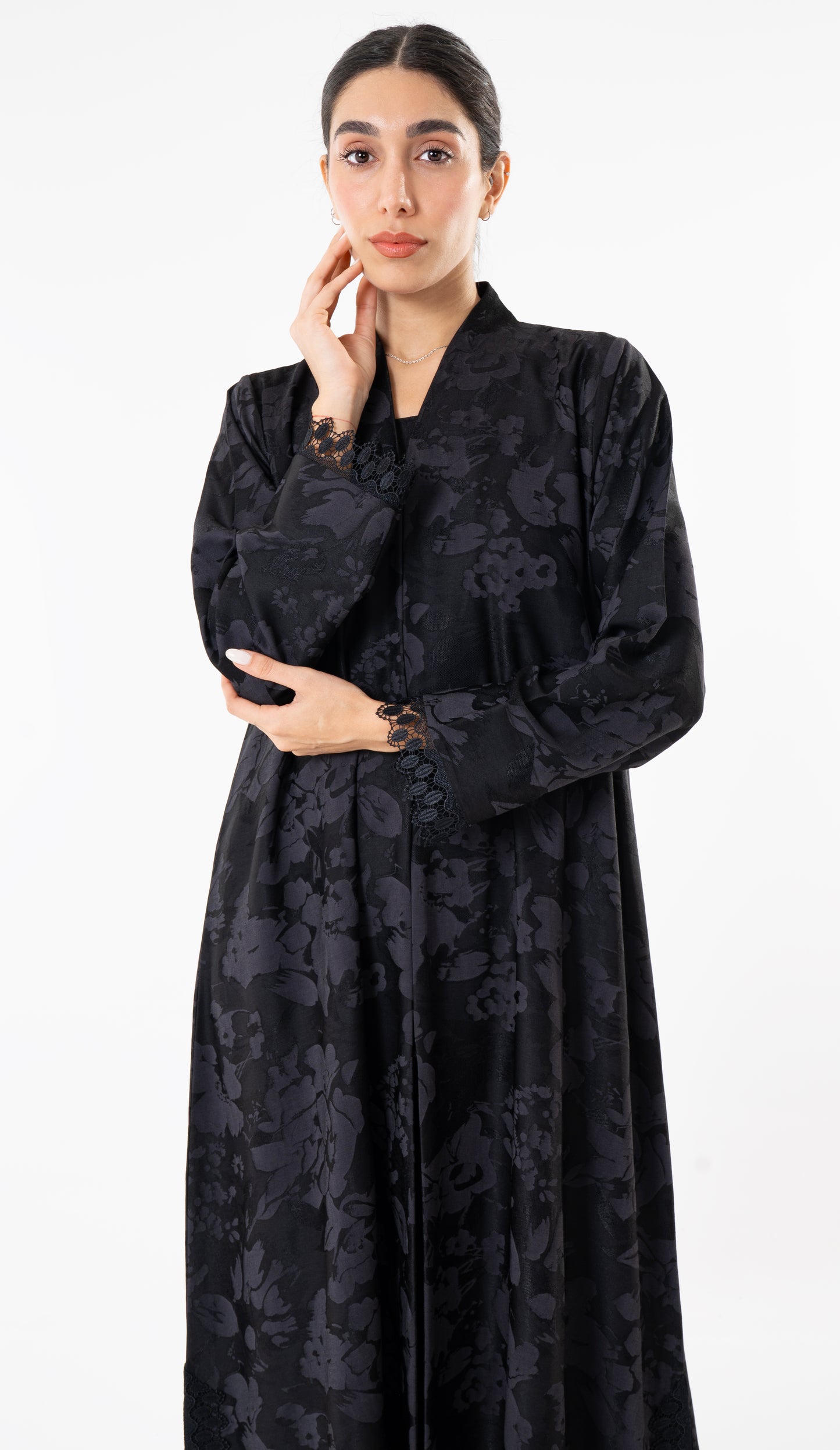 Grey High Neck Abaya With Lace Detailing On The Side And Sleeves
