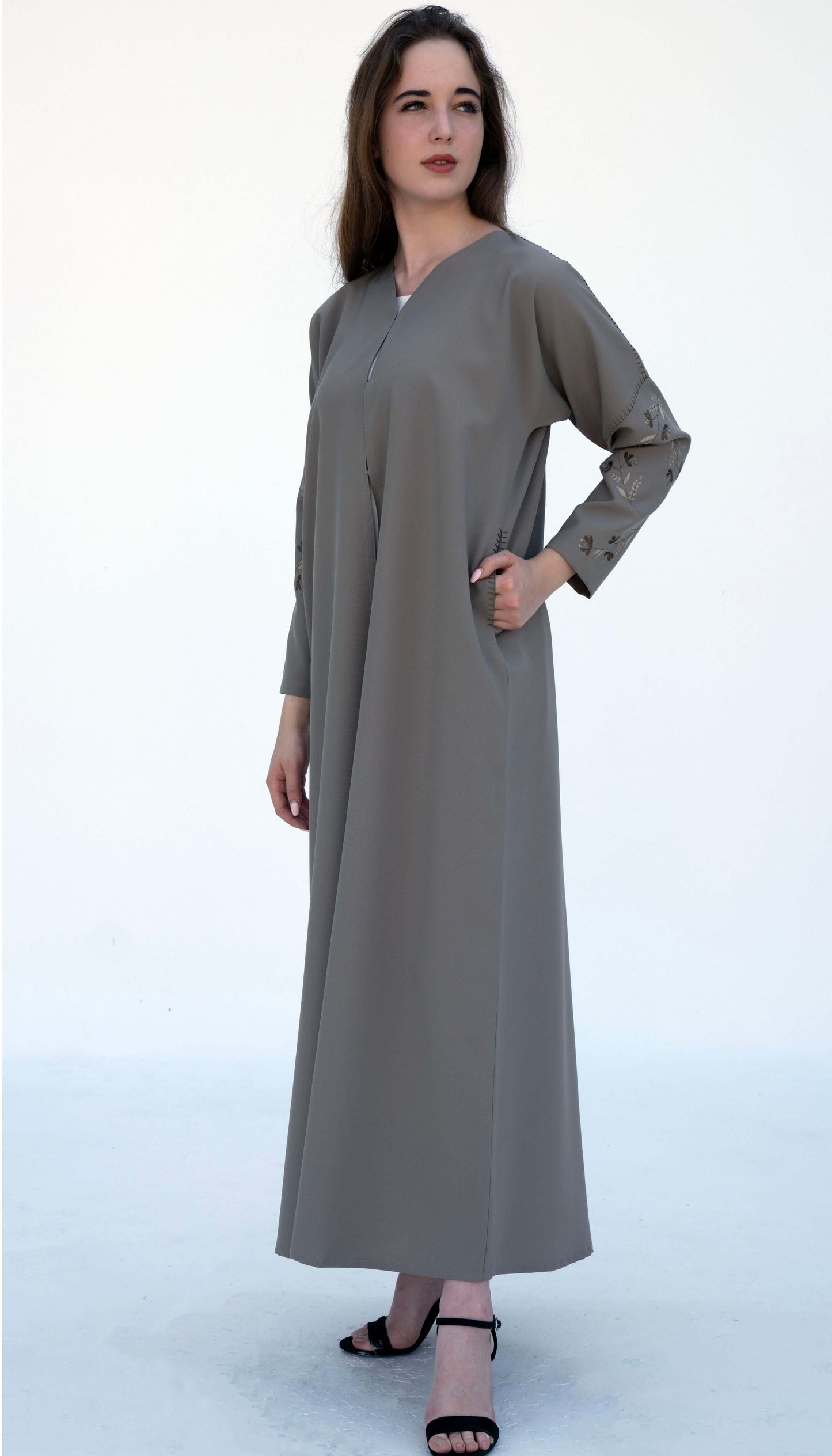 Elegant Floral Embroidered Sea Green Sleeve Pattern With Side Pockets