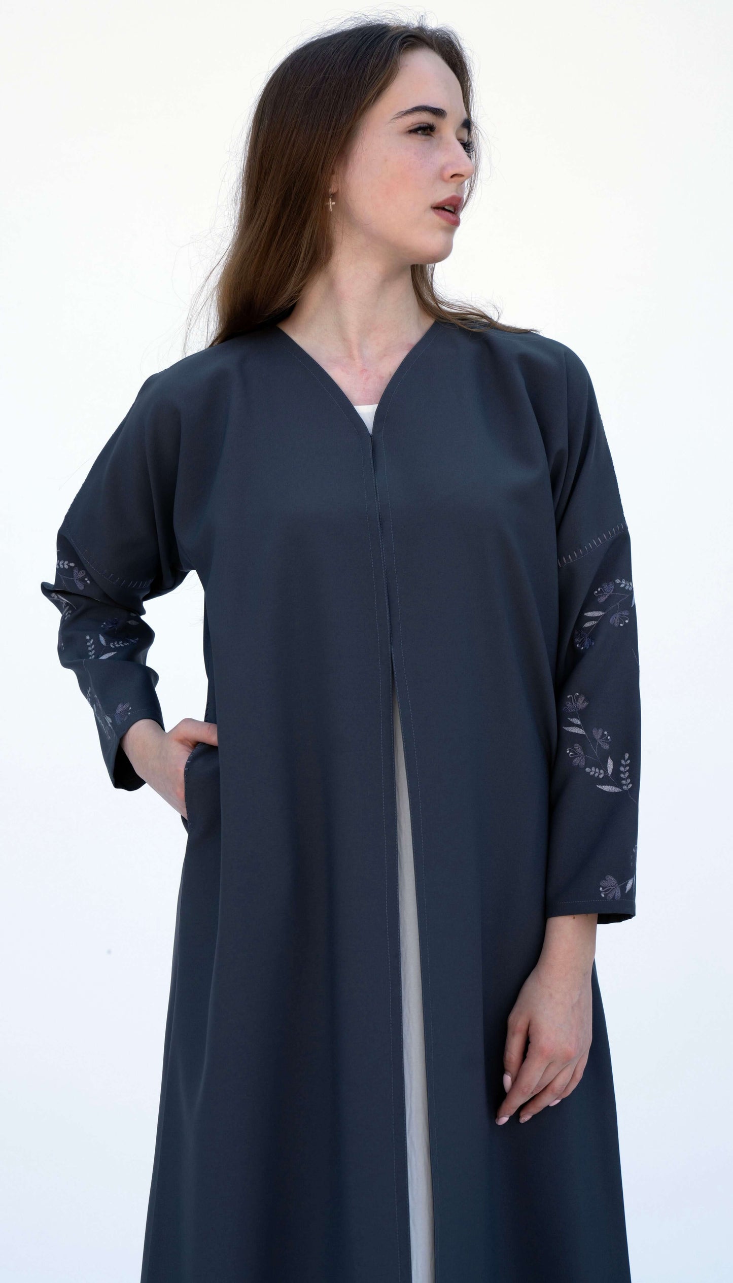Elegant Floral Embroidered Dark Grey Sleeve Pattern With Side Pockets