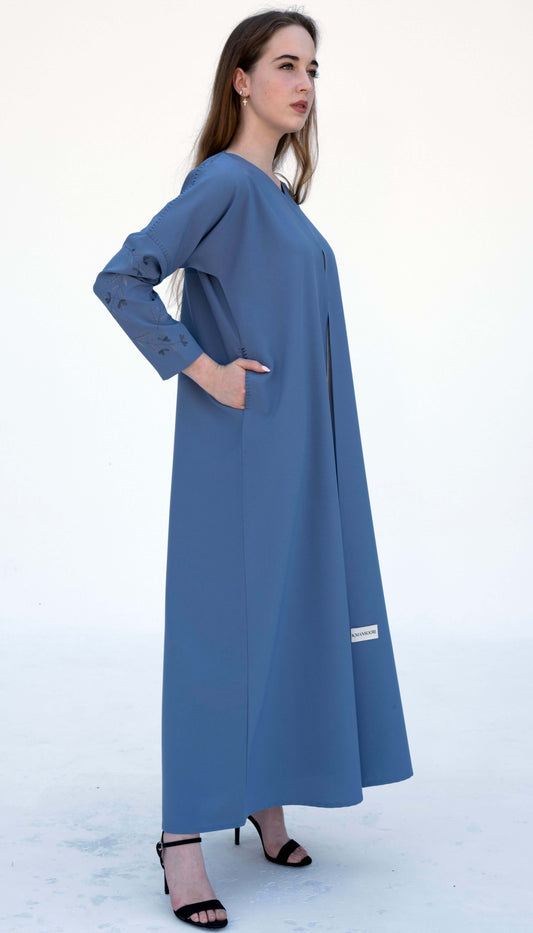 Elegant Floral Embroidered Light Blue Sleeve Pattern With Side Pockets