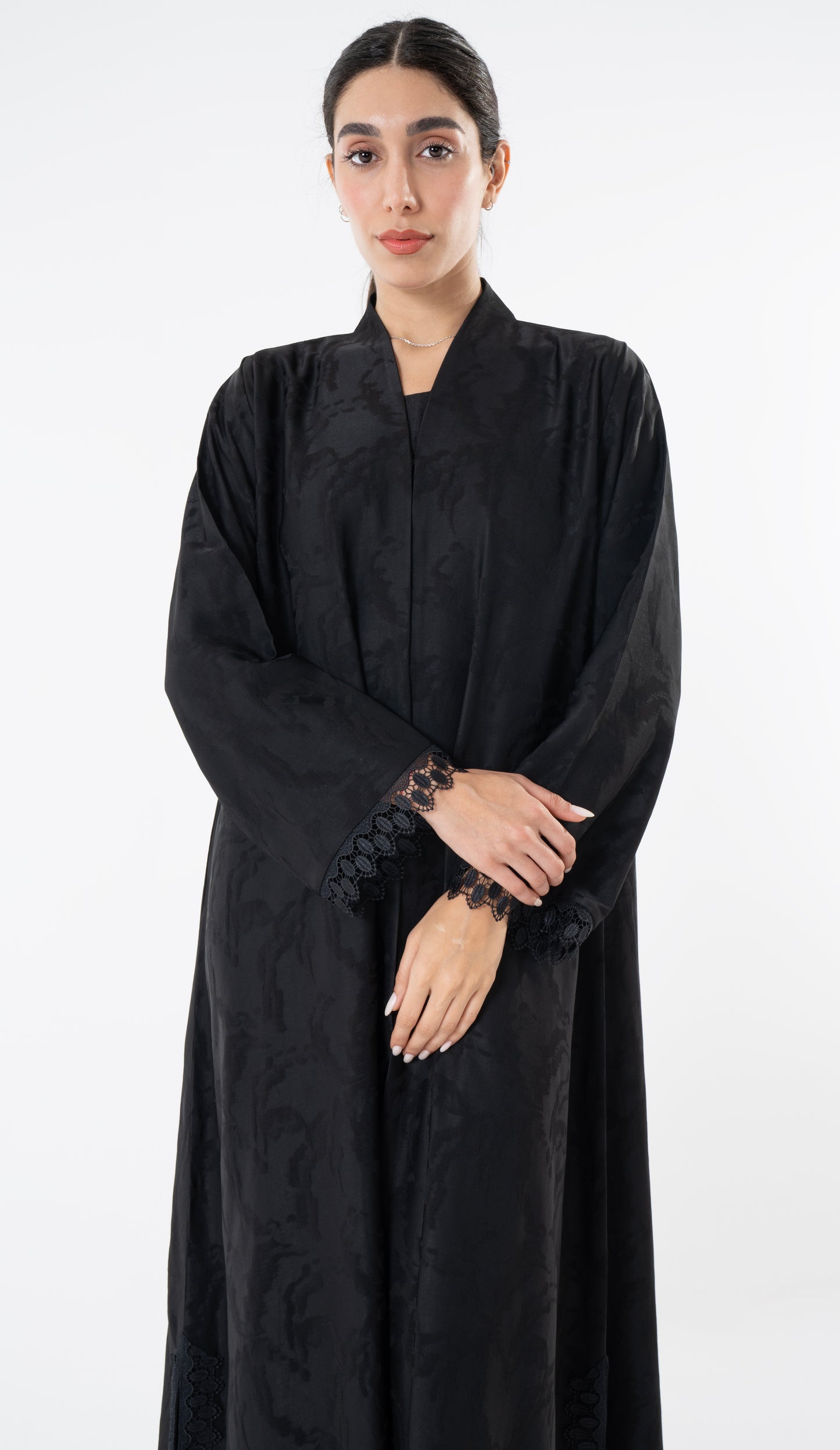Black High Neck Abaya With Lace Detailing On The Side And Sleeves