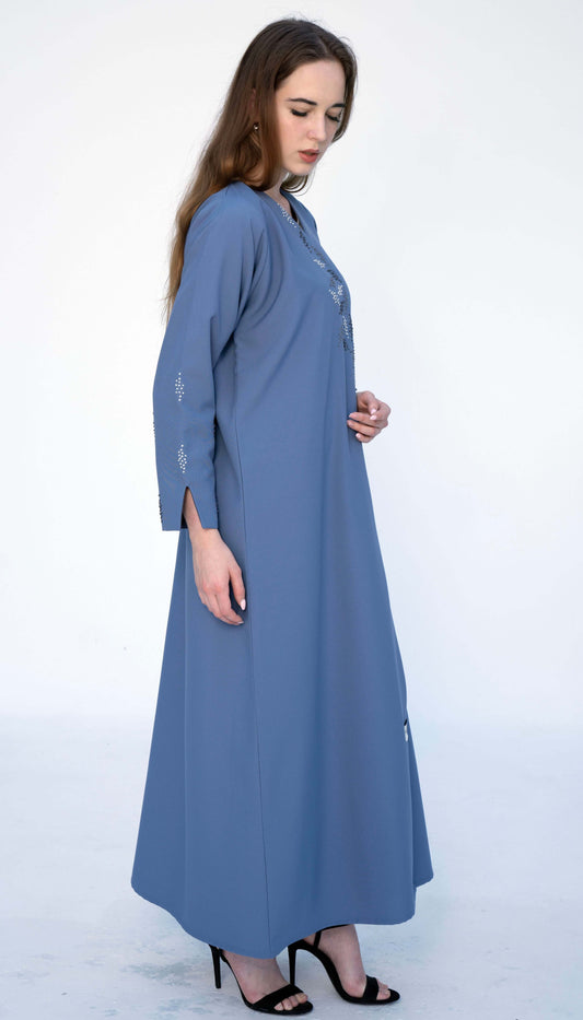 Overlap Light Blue Abaya With Colourful French Knot Embroidered Detailing
