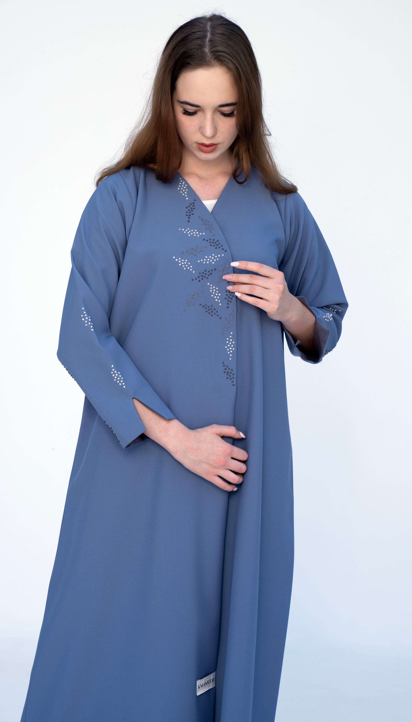 Overlap Light Blue Abaya With Colourful French Knot Embroidered Detailing