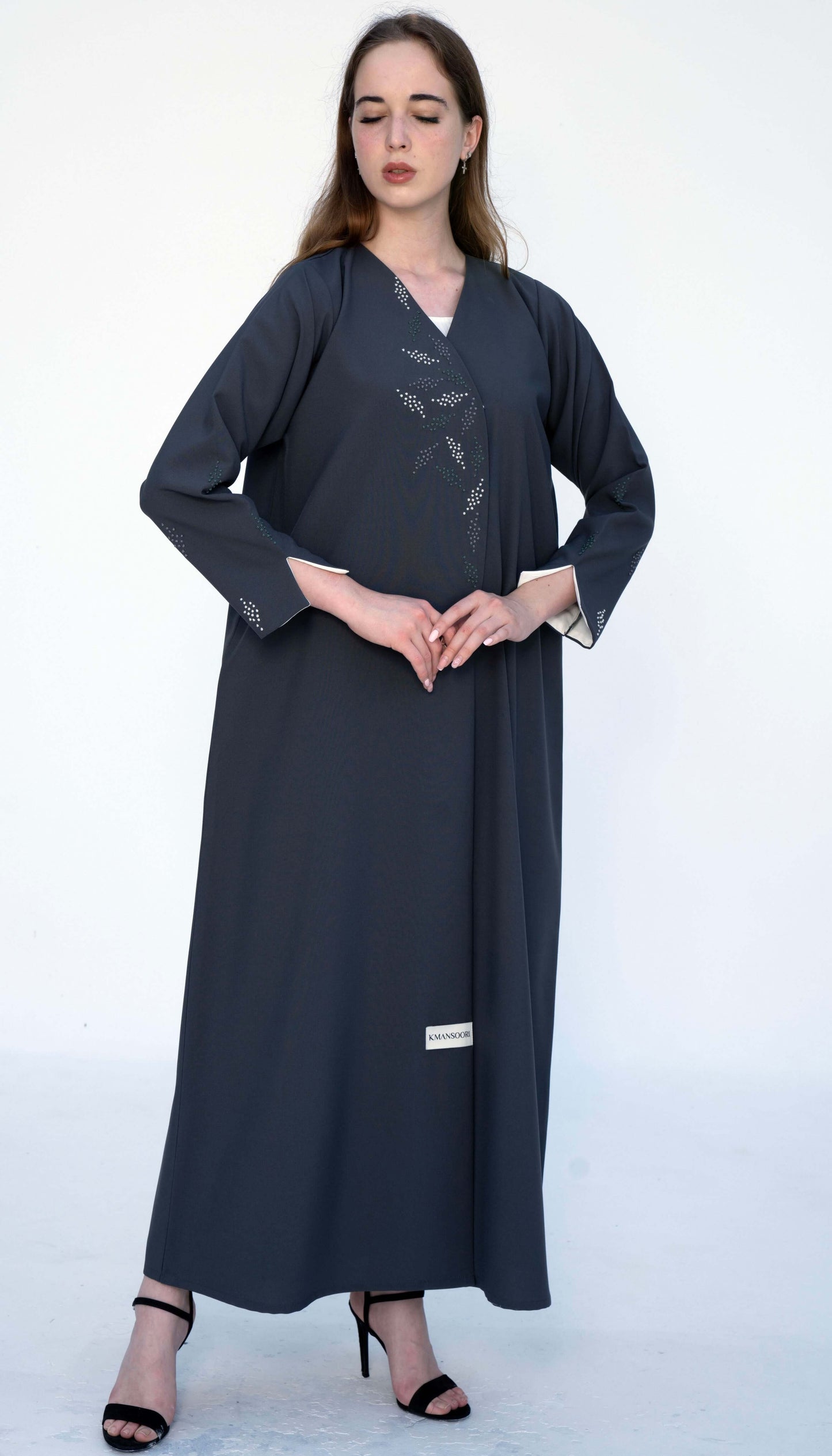 Overlap Grey Abaya With Colourful French Knot Embroidered Detailing
